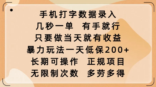 手机打字数据录入，几秒一单，有手就行，只要做当天就有收益，暴力玩法一天低保2张-好客网创